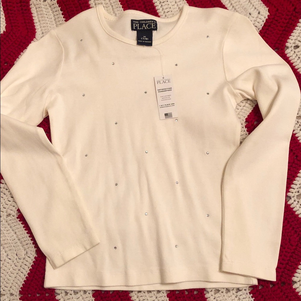 The Children's Place Girls Ivory Long Sleeve Top with Rhinestones 7 / 8 NWT